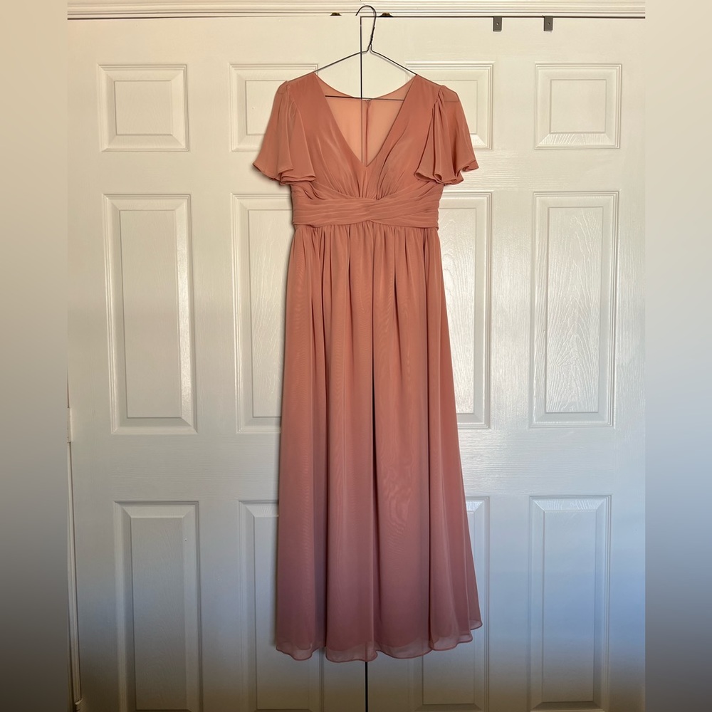 Azazie Verna maternity v-neck, floor length chiffon dress in Champagne Rose.